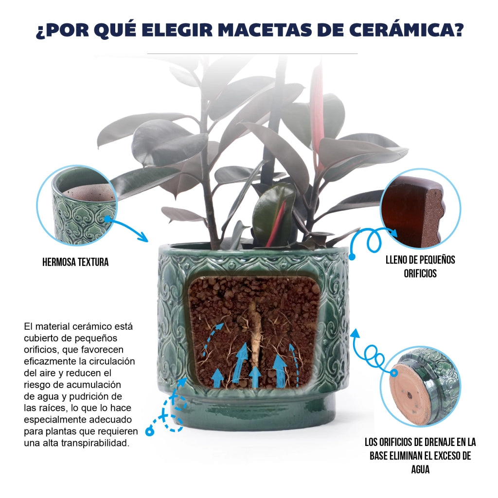 VASO 38 cm in ceramica verde con foro di drenaggio