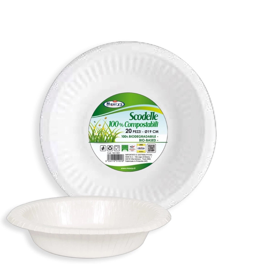 MAURY'S PIATTI SET DA 20 PZ SCODELLA 19 CM COMPOSTABILI BIODEGRADABILI