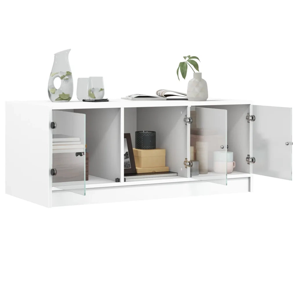 Tavolino da Salotto con Ante in Vetro-Tavolino da soggiorno Bianco 102x50x42 cm
