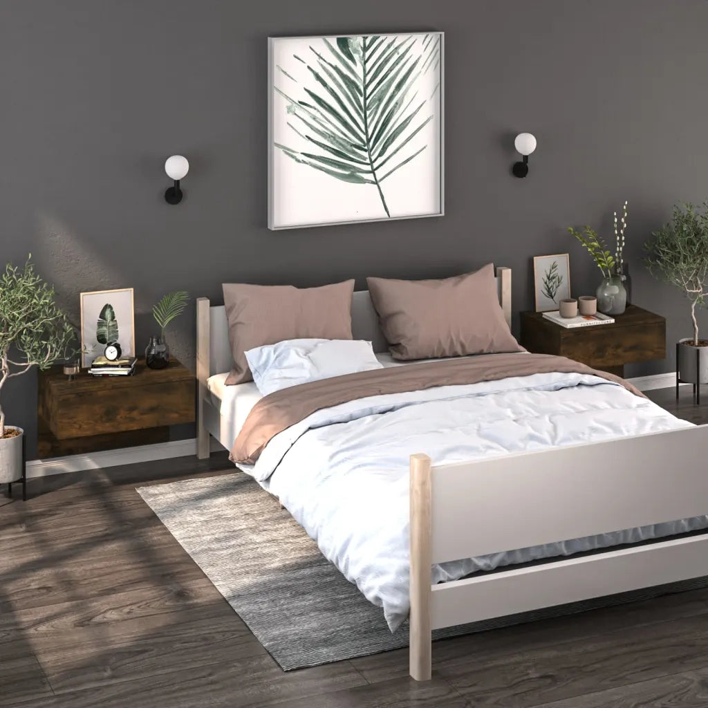 Set di 2 Comodini | Armadio da Notte | Mobiletto da notte a Muro Rovere Fumo