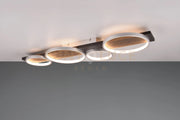MEDERA PLAFONIERA 4 CERCHI METALLO ALLUMINIO BASE LEGNO NERO CON DIMMERAZIONE AD INTERRUTTORE L. 100CM LED  44W 5100lm, 3000K