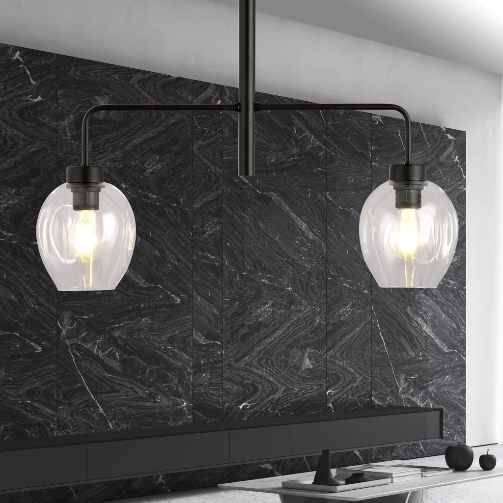 Lampadario Moderno 2 Luci Auriga In Accaio Nero E Vetro Trasparente