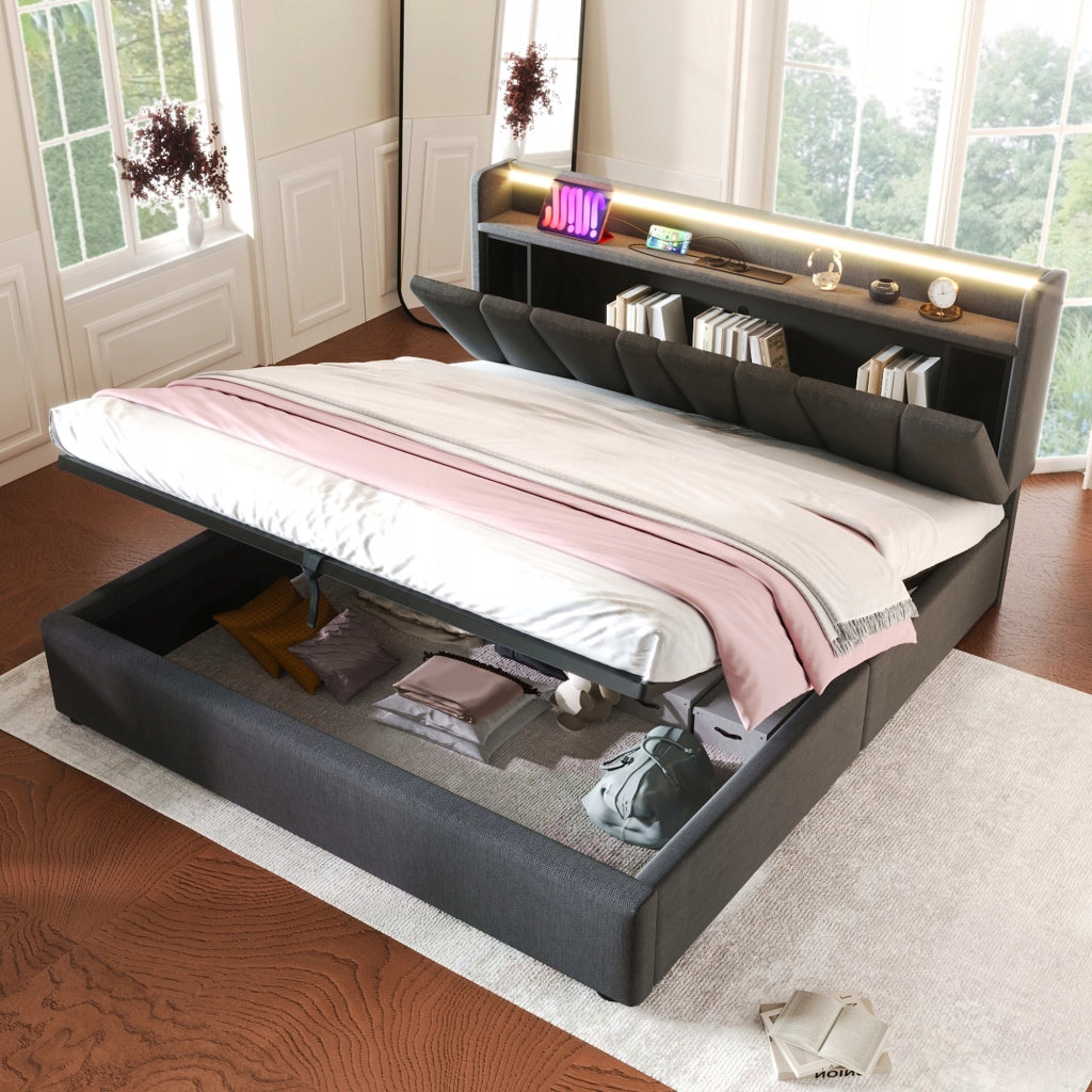 Letto imbottito 140x200 grigio con USB e LED - Xylo