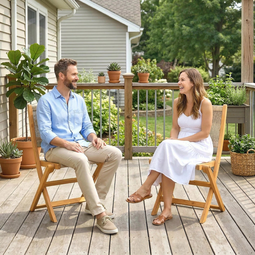 Sedie da giardino pieghevoli ¨C Minimal ¨C Legno di acacia, corda intrecciata naturale e beige