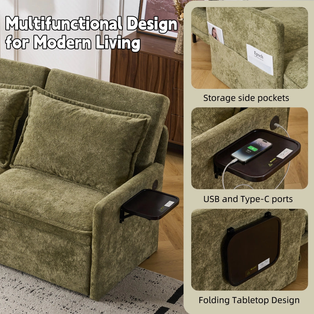 Divano letto con cuscini, USB e contenitore ¨C Zephmum ¨C Verde, chenille, 180x90x100