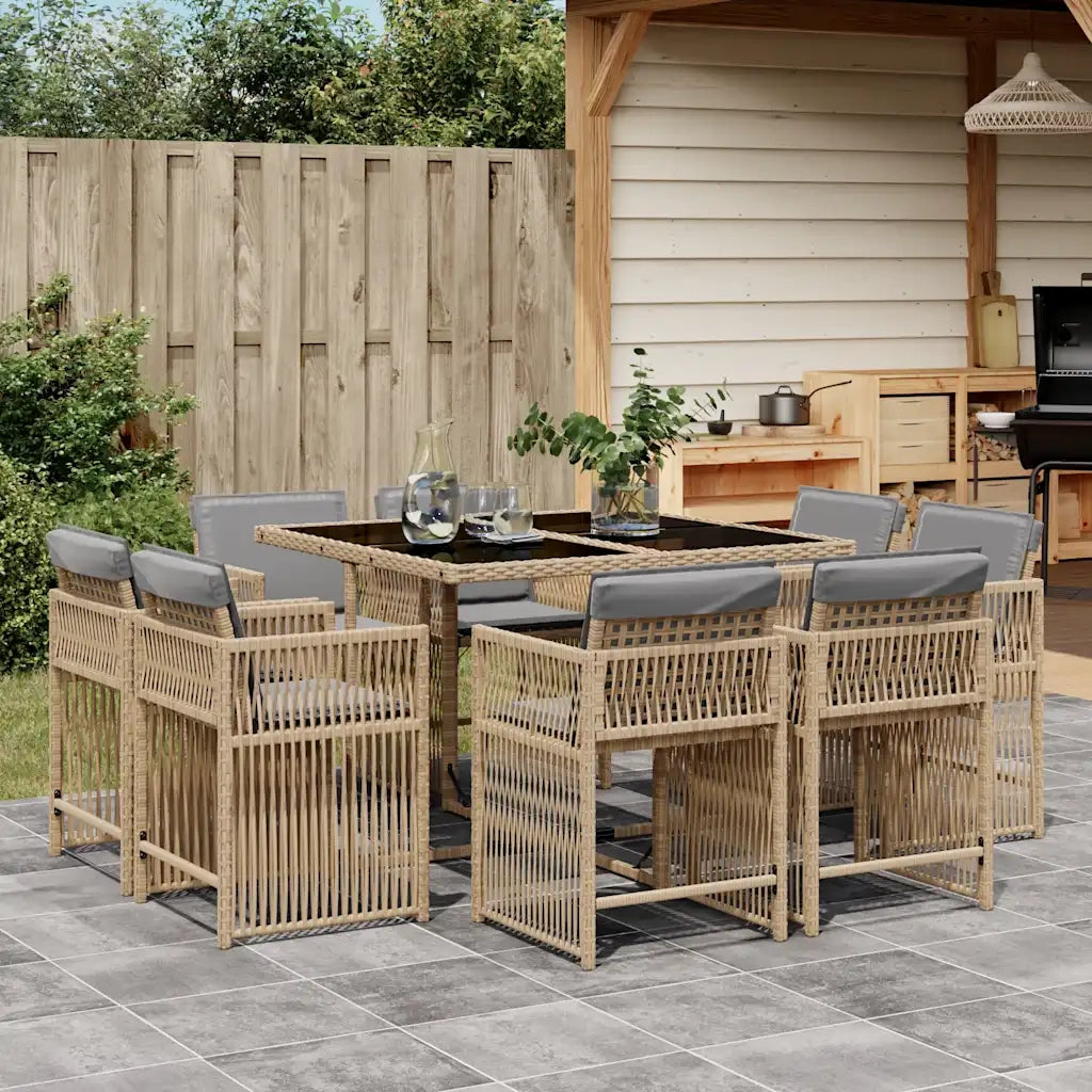 Set Pranzo da Giardino 9 pz con Cuscini Beige Misto Polyrattan