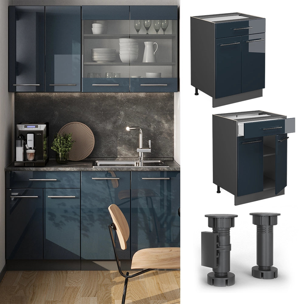 Mobiletto base per cucina Fame-Line Blu scuro lucido/Antracite 60 cm con cassetto, PL Antracite Vicco