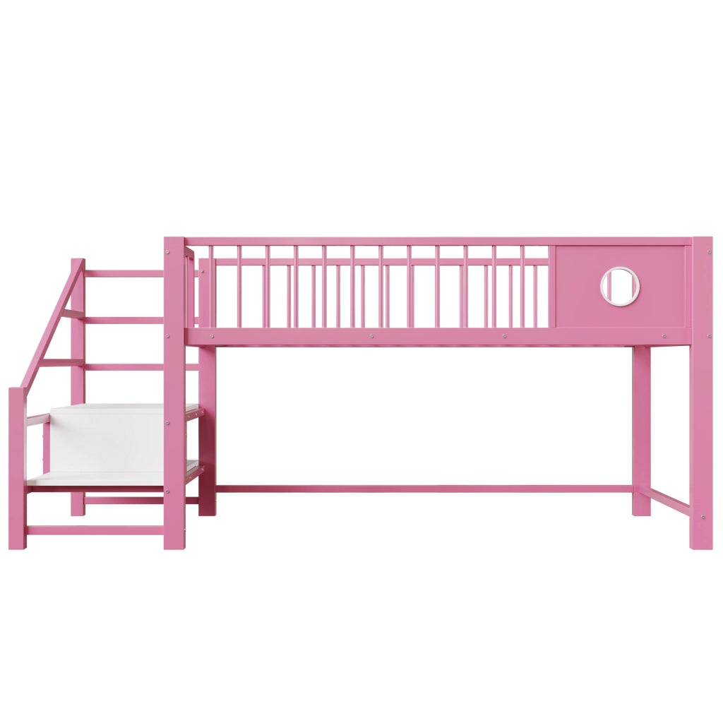 Letto basso per bambini rosa 90 x 200 cm; struttura metallica robusta; scala con riposticulo; per bambini e adolescenti