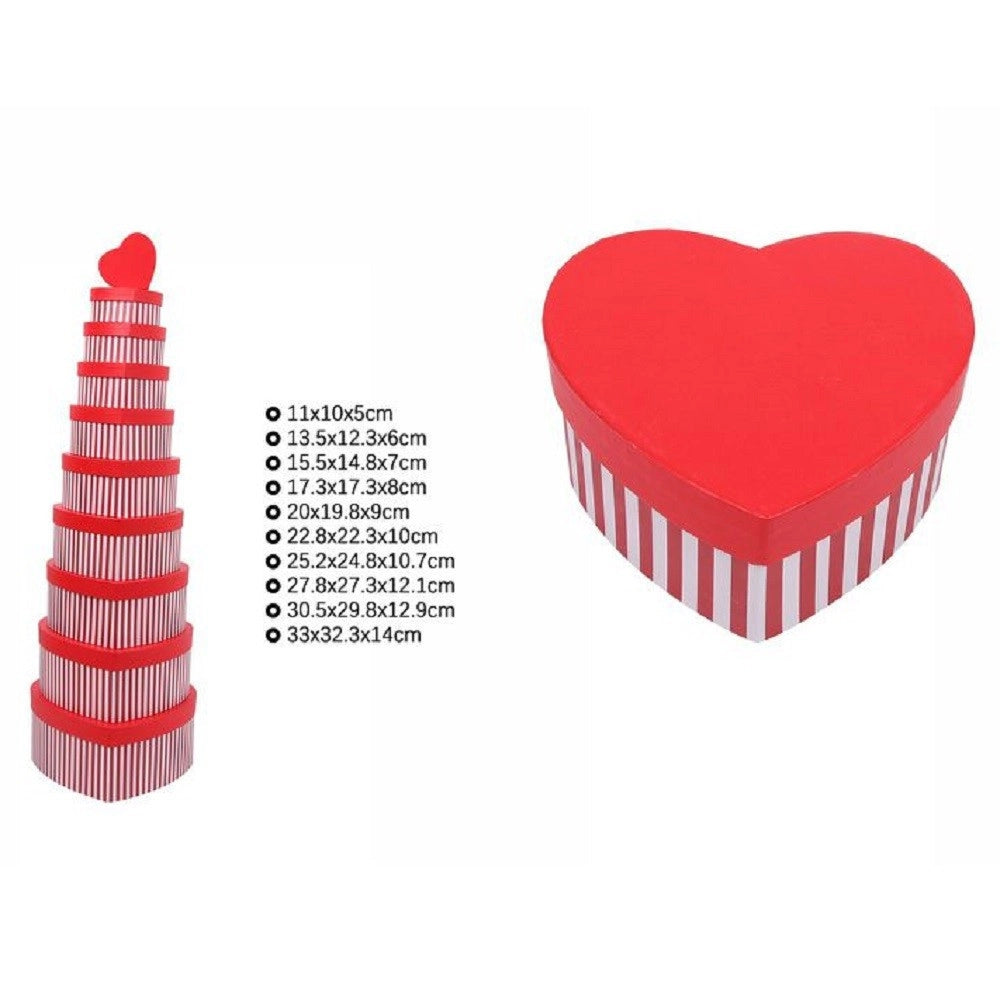 Trade Shop - Set 10pz Scatole Box Regali Varie Misure Matrioska Forma Cuore Rosso Righe 71955 -