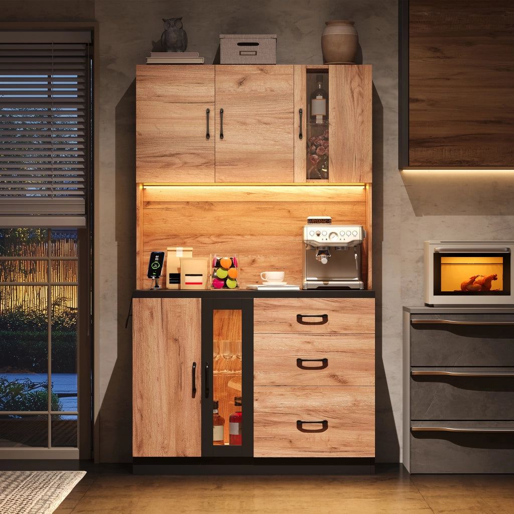 Pensile da Cucina con LED e Ripiani Regolabili ¨C Xylo ¨C Nero e Legno 105x40x180 cm