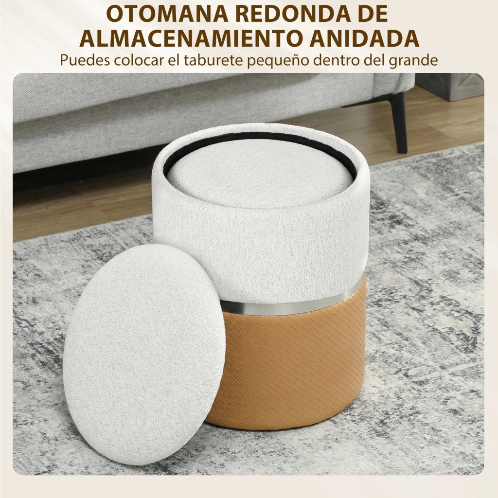 Set 2 Pouf Contenitore ¨C Xylo ¨C Rivestimento Chenilla e Similpelle Marrone e Crema