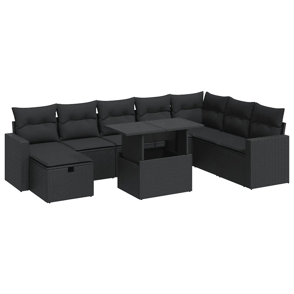 Set Divani da Giardino 9 pz con Cuscini Nero in Polyrattan 3327835