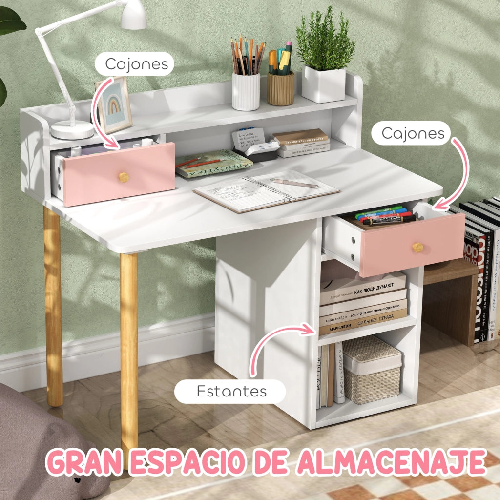 Scrivania per Bambini con Cassetti e Scaffale ¨C Minimal ¨C Rosa e Bianco