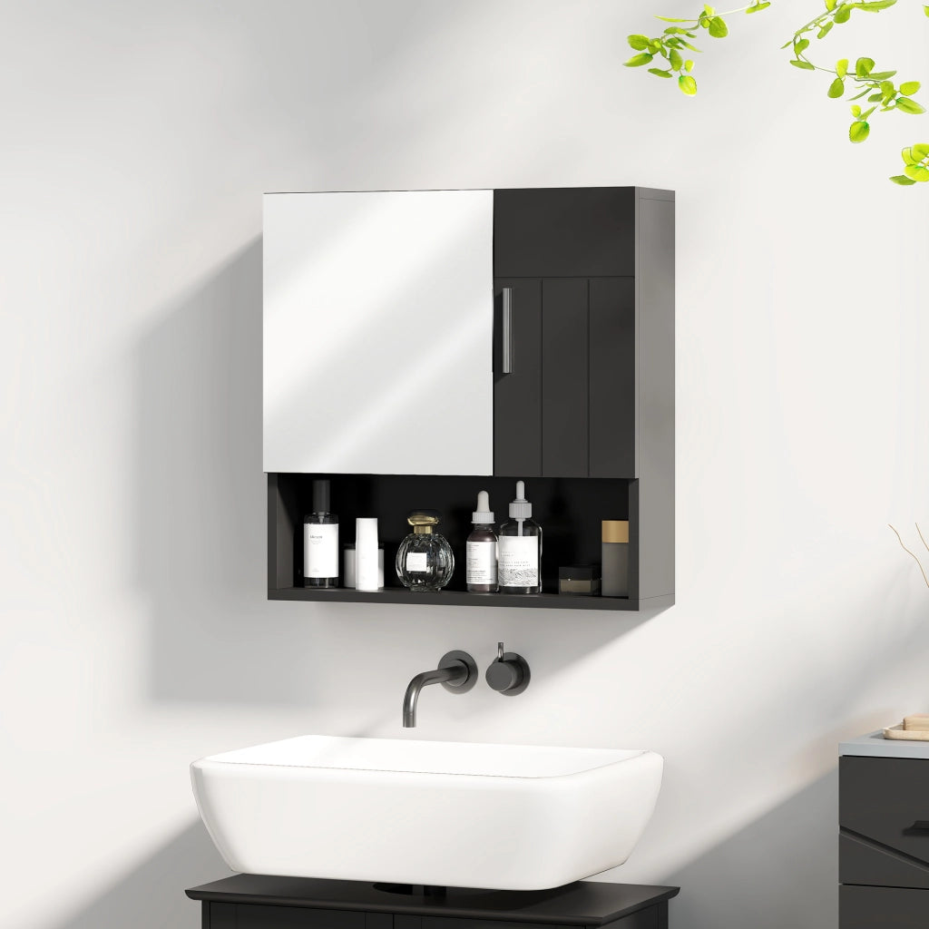 Armadietto Specchiera Bagno in Legno con Mensole Regolabili e Ripiano Aperto ¨C Zephmum ¨C Nero 54x15.2x55.3 cm