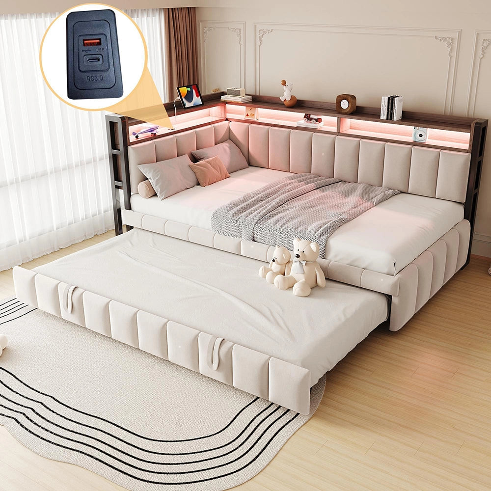 Divano letto 90x200cm?- Xylo - gigogne LED USB velluto beige