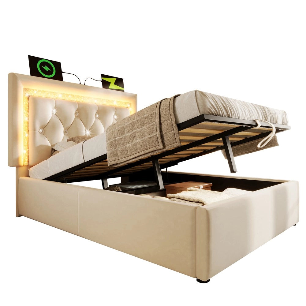 Letto Imbottito Singolo con Contenitore Idraulico e LED ¨C MINIMAL ¨C Velluto Beige 90x200