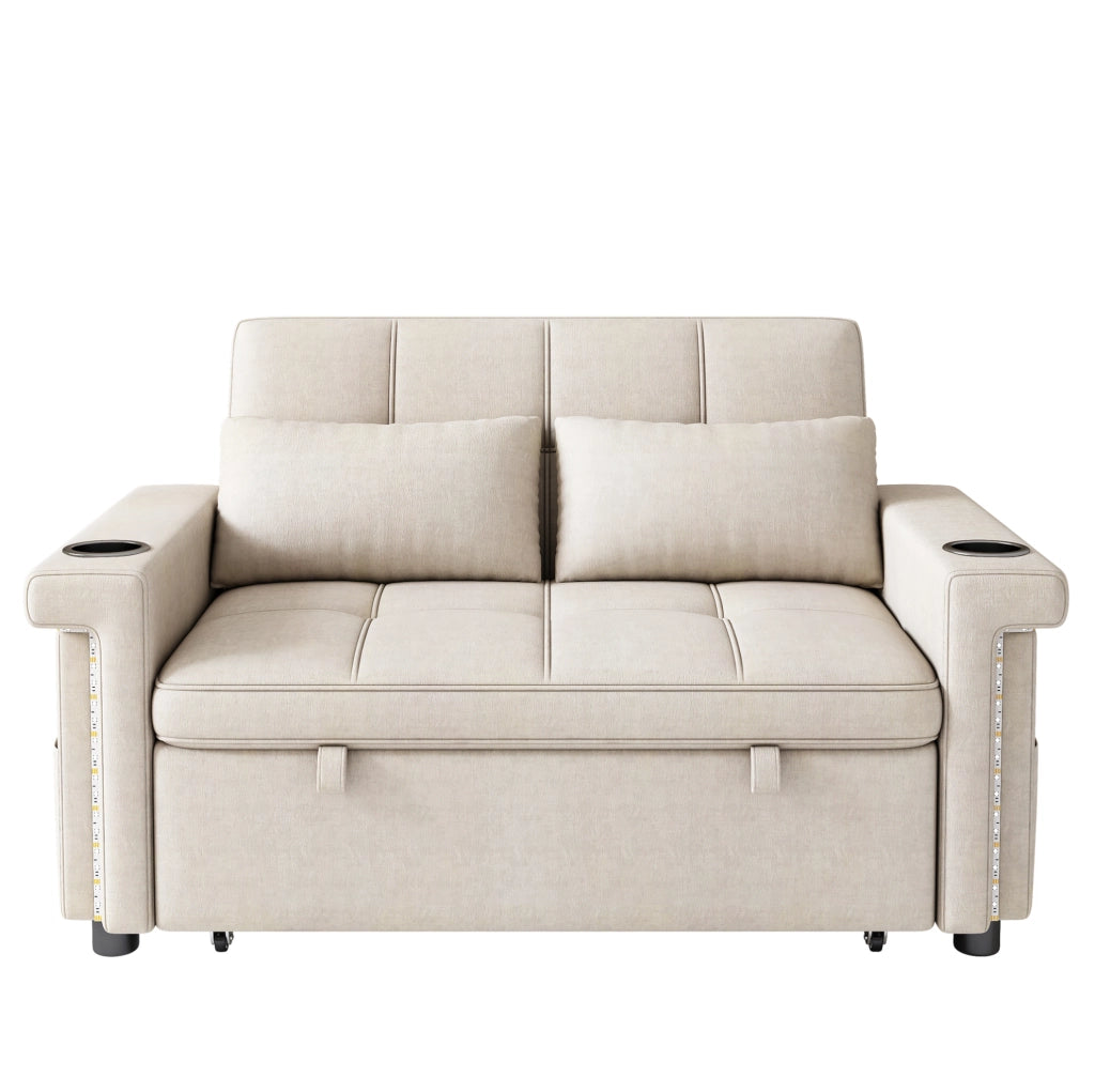 Sofa letto a 2 posti modulare 145 cm in chenille beige con LED; USB e Type-C