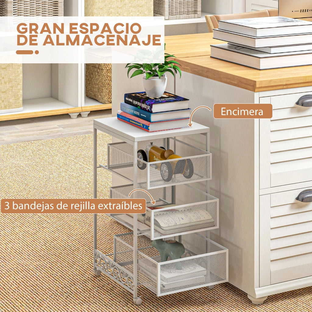 Carrello multiuso 3 ripiani con ruote e cestini ¨C Xylo ¨C Bianco 34x29,5x57,5cm