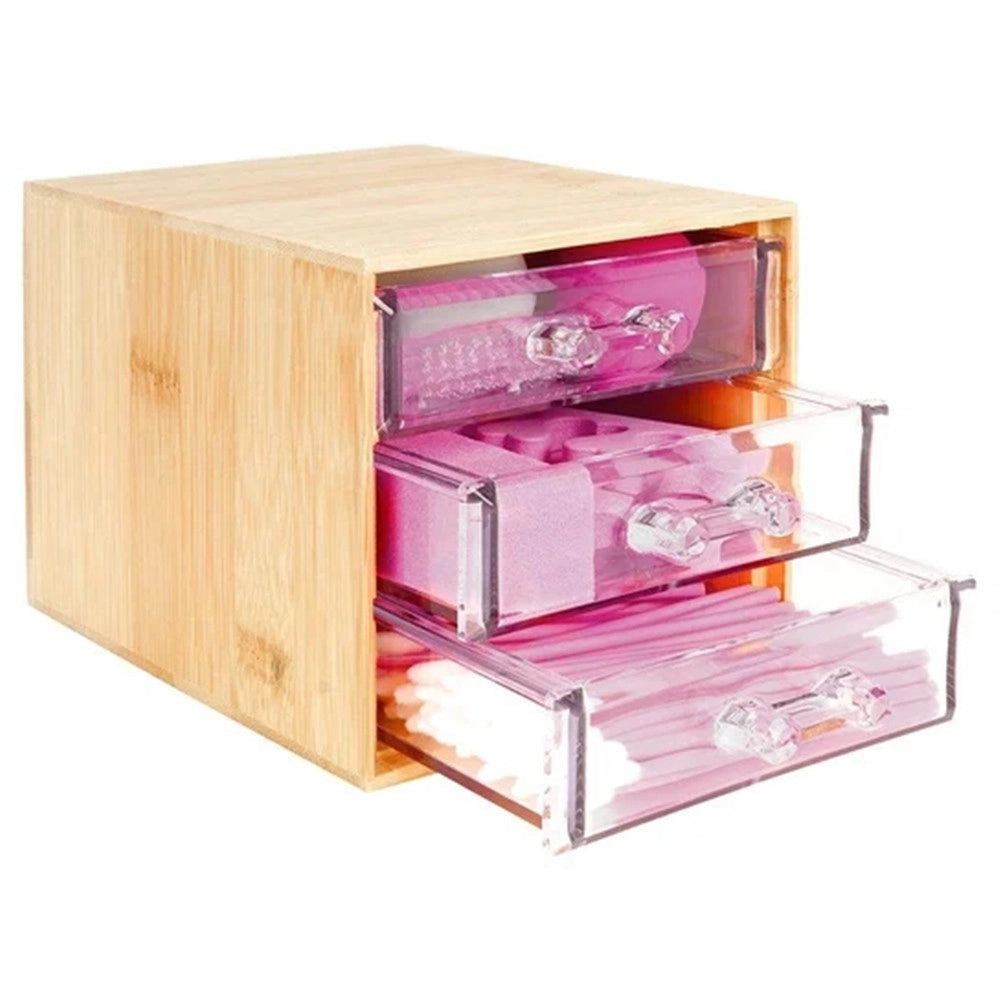 Trade Shop - Porta Gioielli Cosmetici Con 3 Cassetti Organizzatore Casa In Legno 12.3x15.3x11 Cm 10830 -