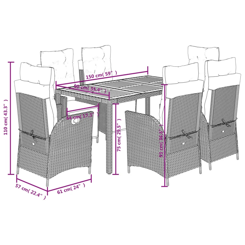 Set da Pranzo da Giardino 7 pz Nero con Cuscini in Polyrattan 3213089
