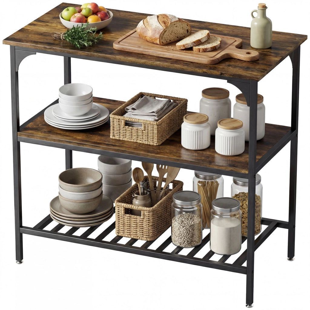 Scaffale da cucina rustico ¨C zephmum ¨C 3 ripiani, in acciaio, marrone e nero