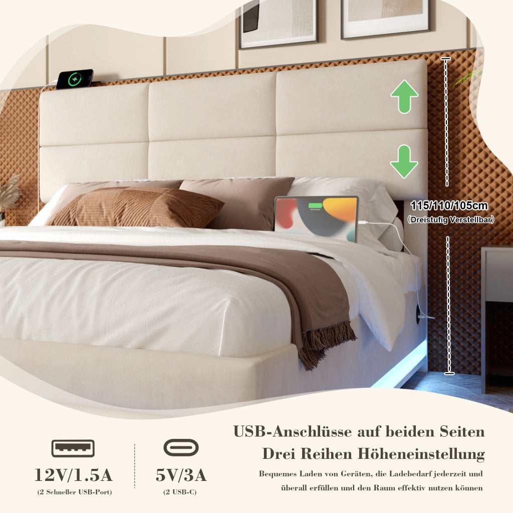 letto in velluto beige 140 x 200 cm