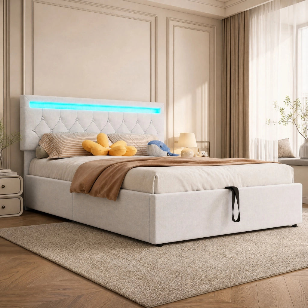 Letto matrimoniale 140x200 cm imbottito con contenitore; LED integrato; porte USB e USB-C; bianco