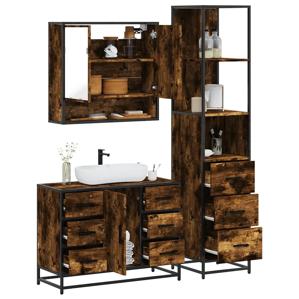 Set Mobili da Bagno | Armadio da bagno 3 pz Rovere Fumo in Legno Multistrato