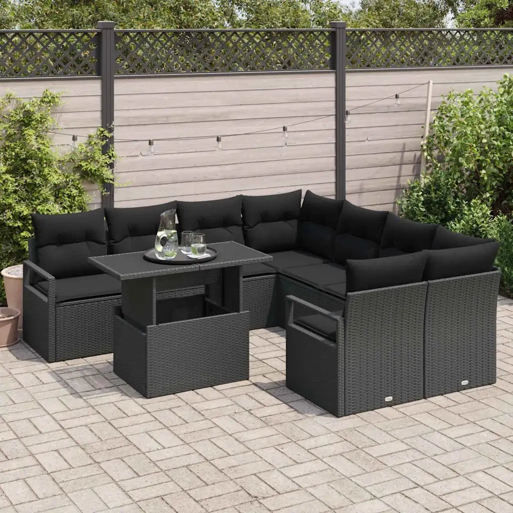 Set Divano da Giardino con cuscino 9 pcs Nero polyrattan