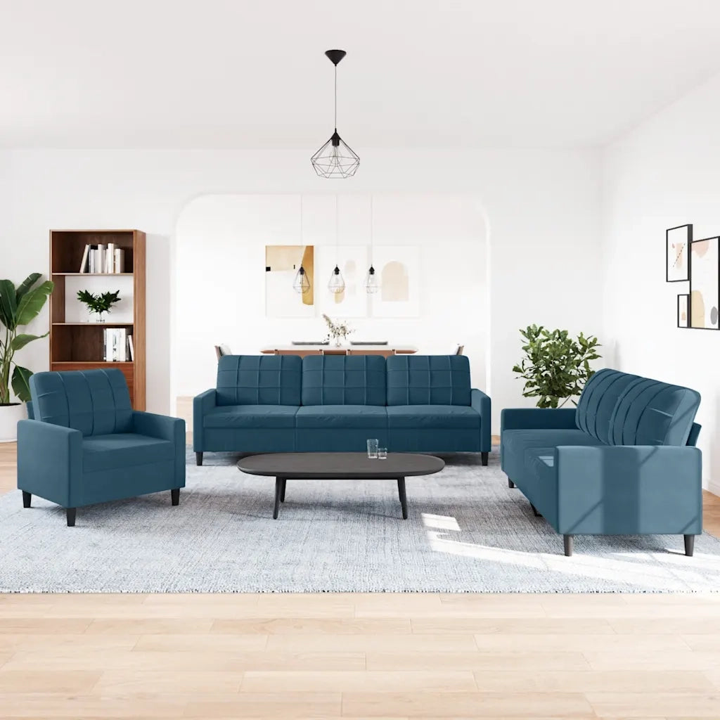 Set di Divani 3 pz con Cuscini Blu in Velluto