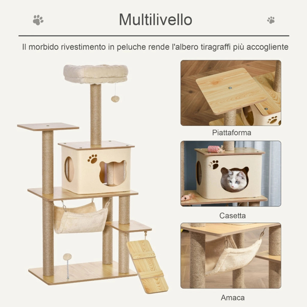 EasyComfort Albero Tiragraffi Multilivello con Casetta, Amaca, Scaletta e Corde in Juta, Rivestimento Peluche, 60x40x130cm, Giallo
