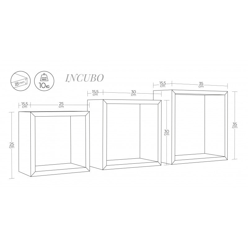 Set di 3 Mensole da Muro, Cubi Arredo, Mensole Cubo, Cubi da Parete, Arancione, 35x35, 30x30 e 25x25 p15,5 cm - Incubo