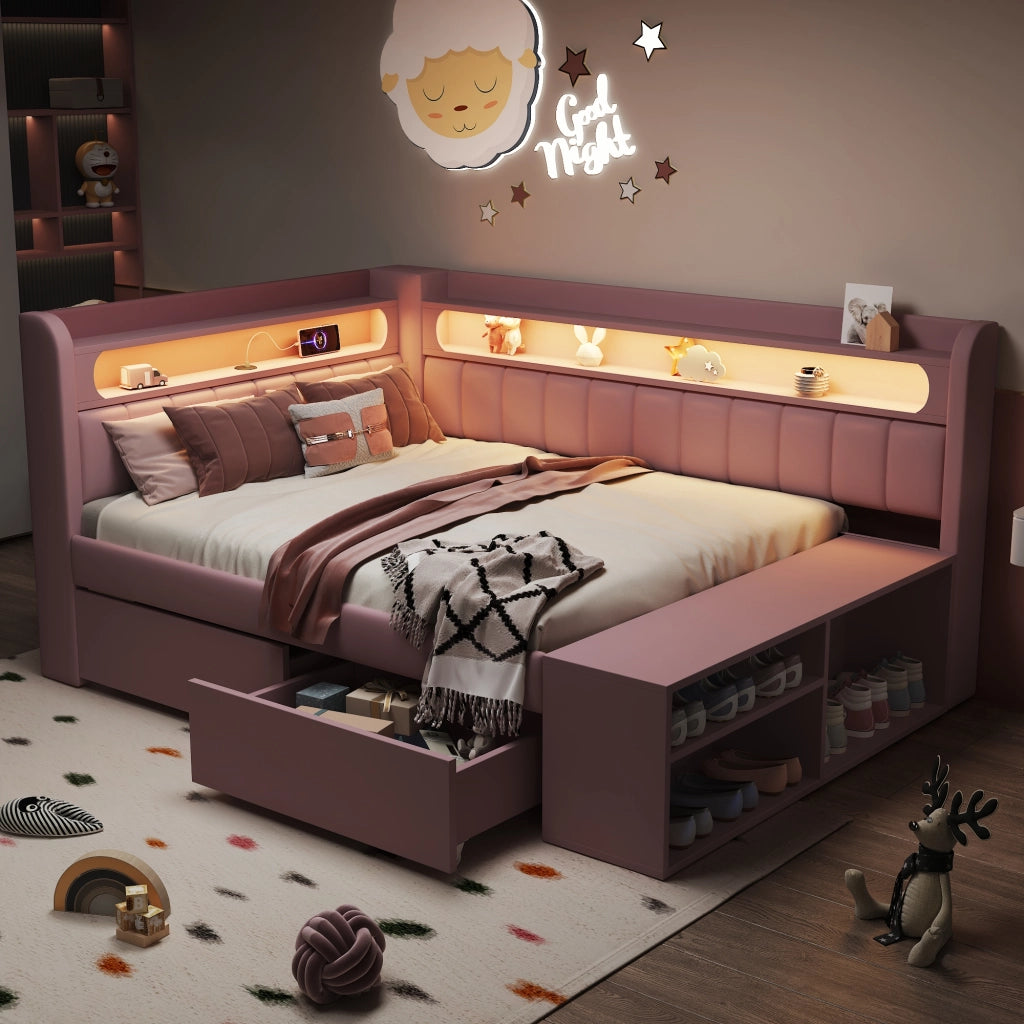 Divano letto imbottito 90x200cm - Zephmum- USB, LED, con scarpiera e 2 cassetti, Rosa