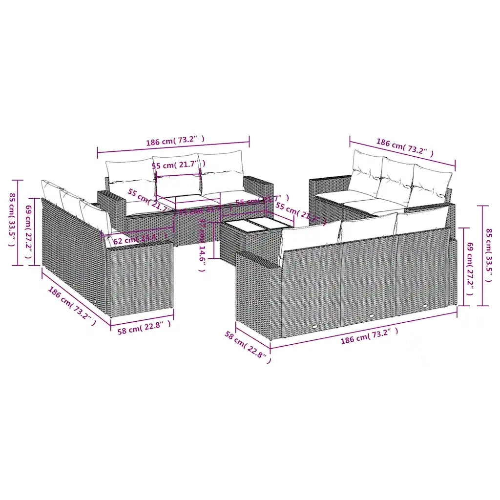 Set Divani da Giardino 13 pz con Cuscini Marrone in Polyrattan