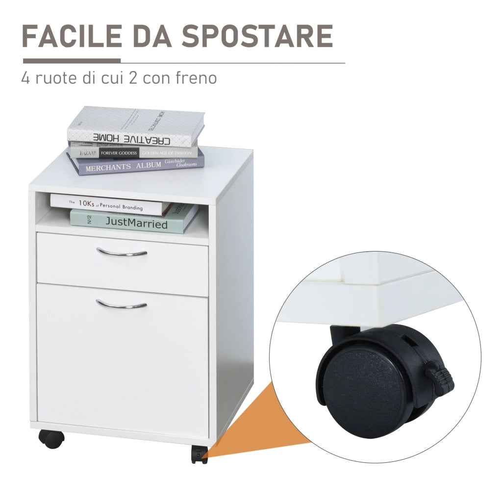 Cassettiera Portadocumenti da Ufficio in Legno con 2 Cassetti e Ruote Bianco 40x35x60 cm