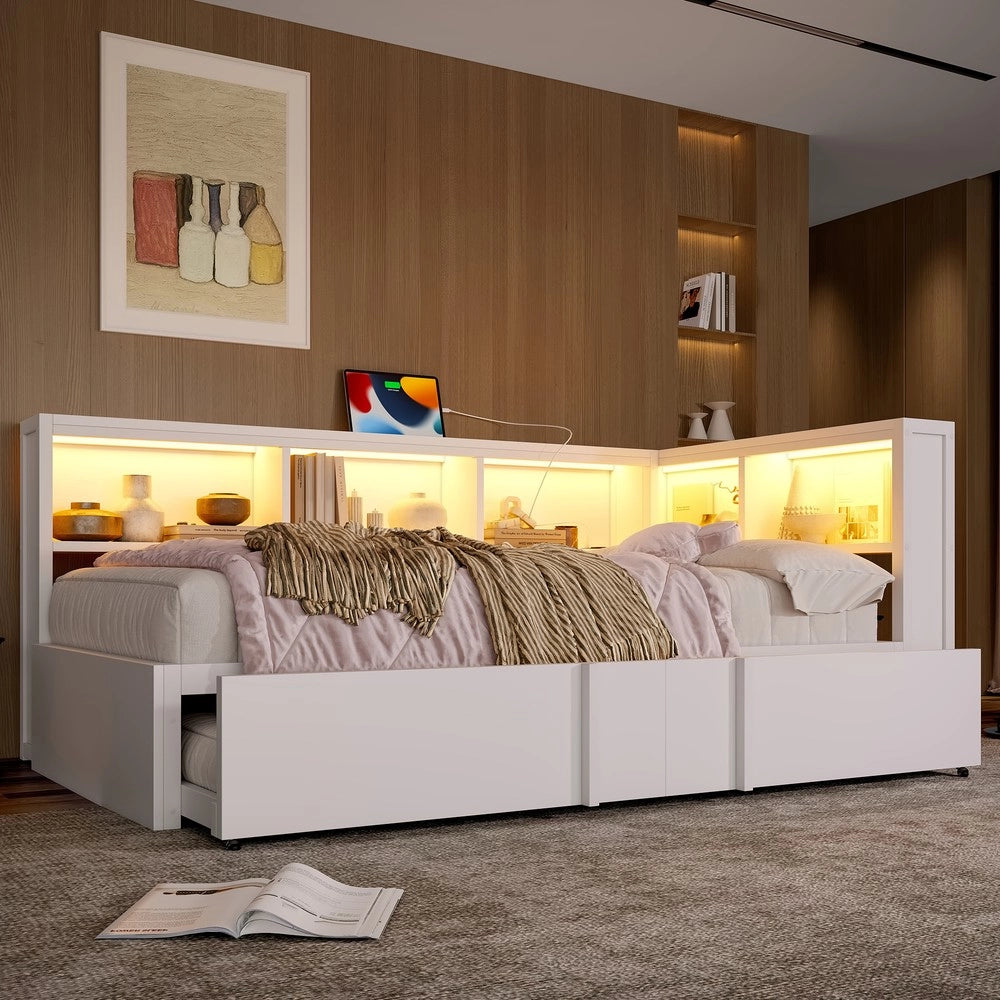 Letto con Rete Estraibile, LED e USB ¨C MINIMAL ¨C Metallo Bianco 90x200
