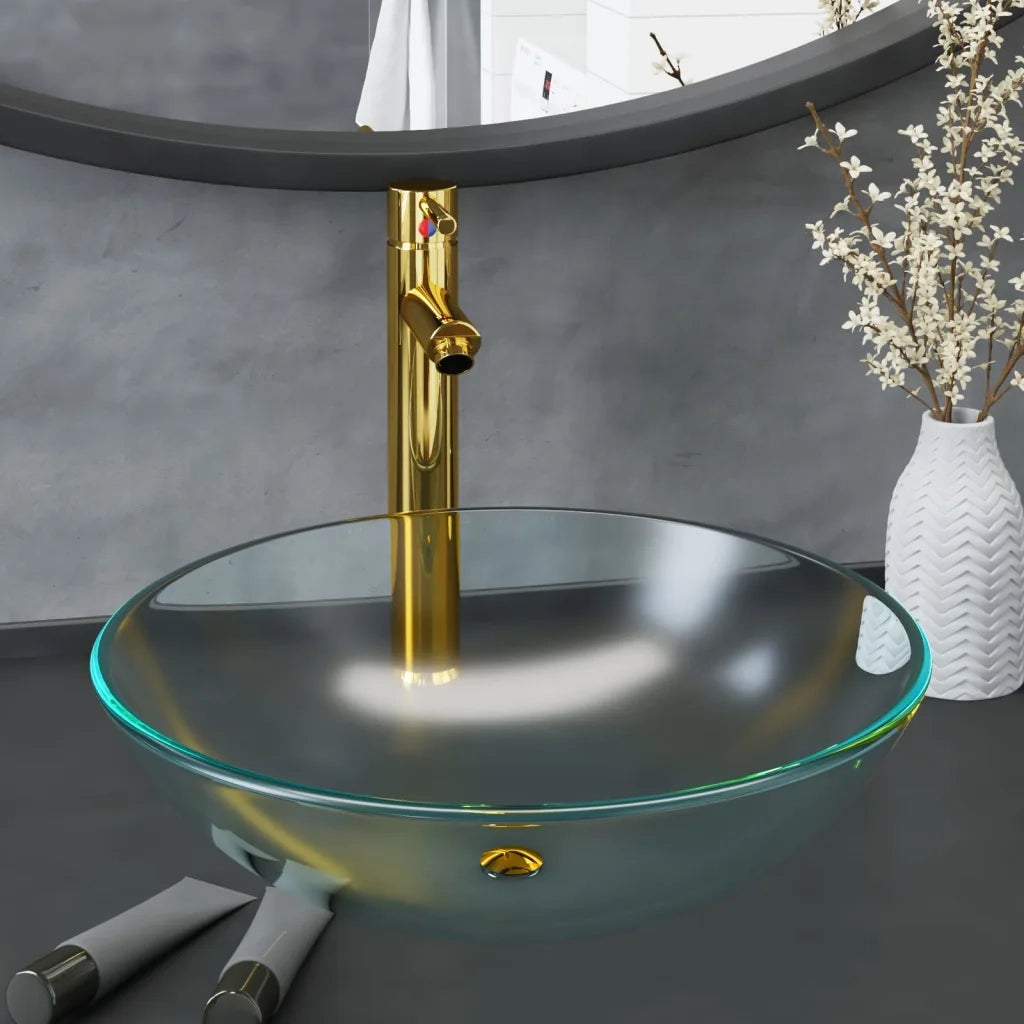 Lavandino con Rubinetto e Piletta-Lavabo-Lavello in Vetro Temperato Satinato 239937