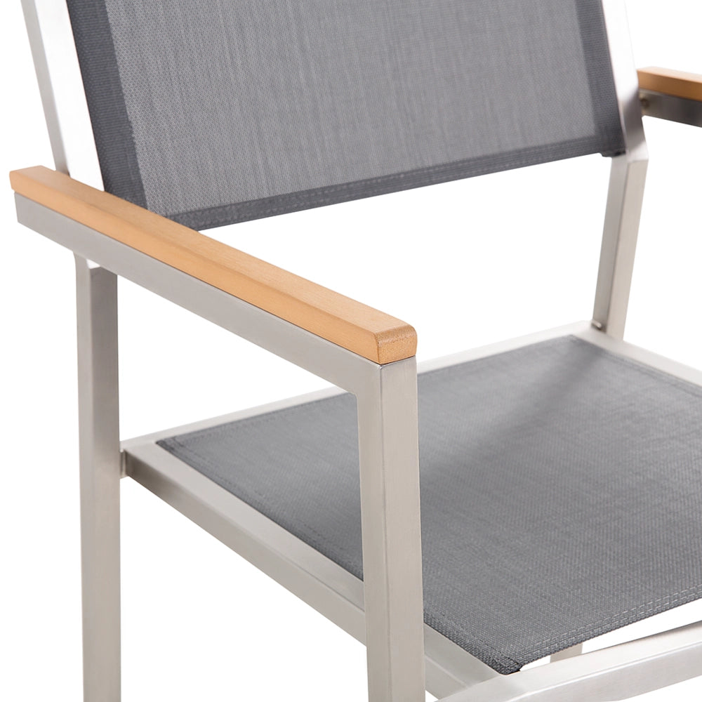 Set di 6 Sedie da Pranzo da Giardino Seduta in Tessuto Grigio e Argento Gambe in Acciaio Inox Impilabili per Esterno
