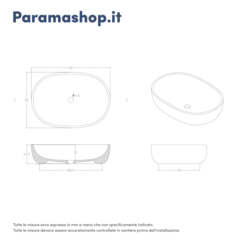 Lavabo da appoggio ovale 60x43x14,5cm tortora