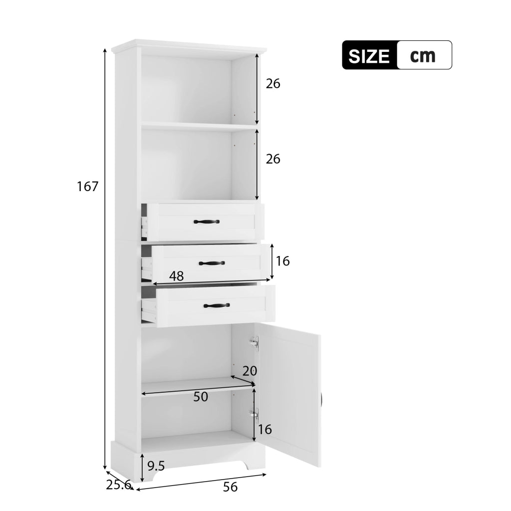 ARMADIO bagno 56 x 25,6 x 167 cm MDF bianco con 3 cassetti