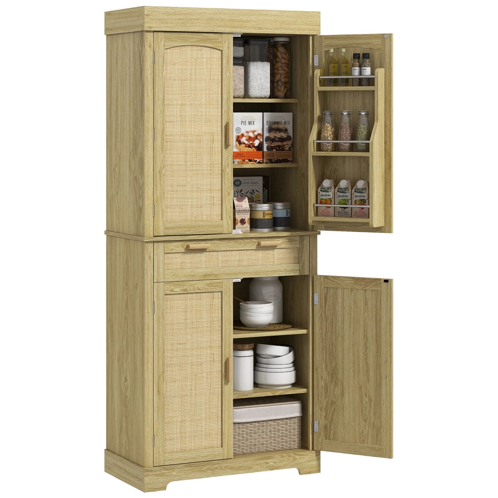 Credenza Cucina Boho 2 Ante Cassetto Portaspezie ¨C Xylo ¨C Legno Rattan Rovere 76x40x183cm