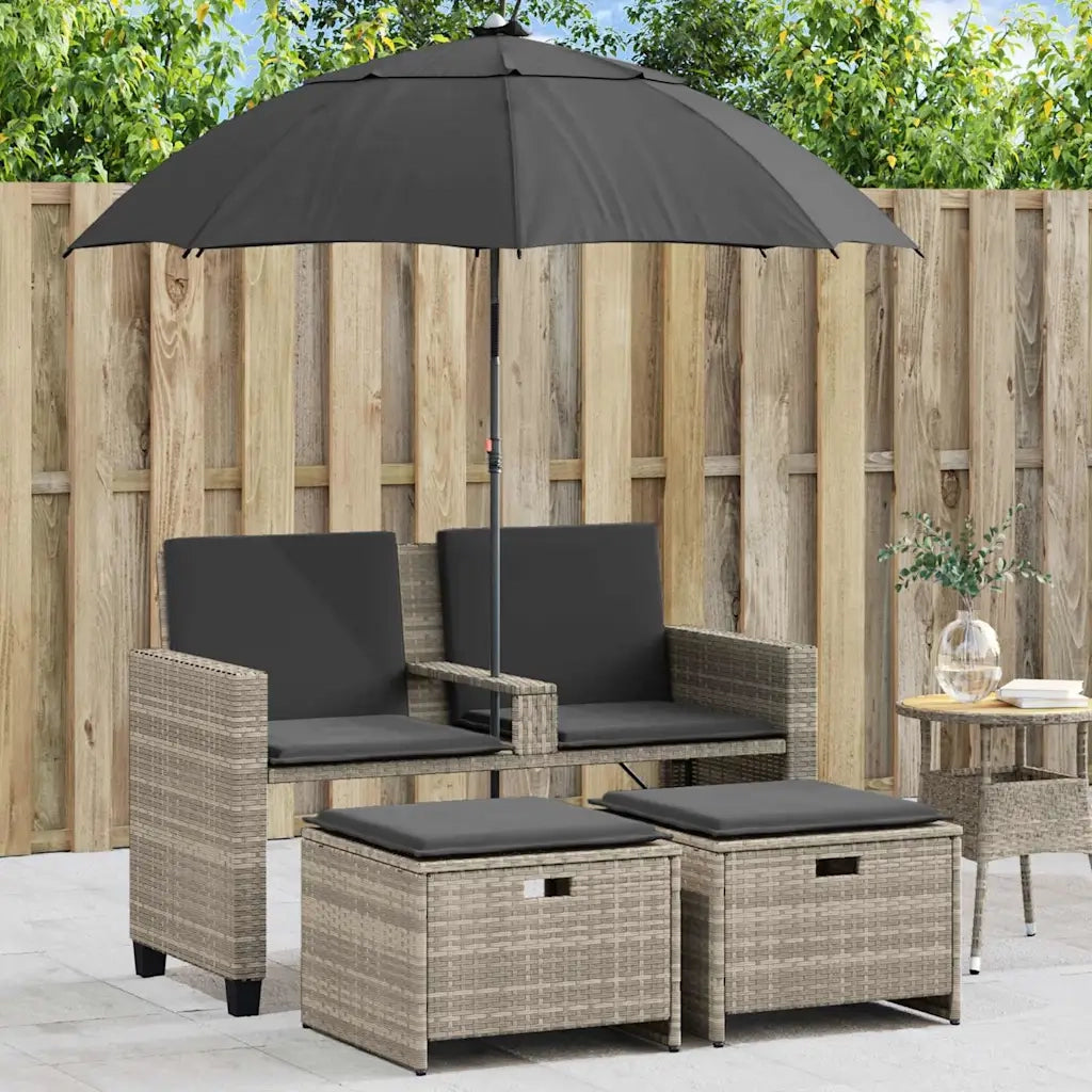 Divano 2Posti Ombrellone e Sgabelli Grigio Chiaro Polyrattan 365888