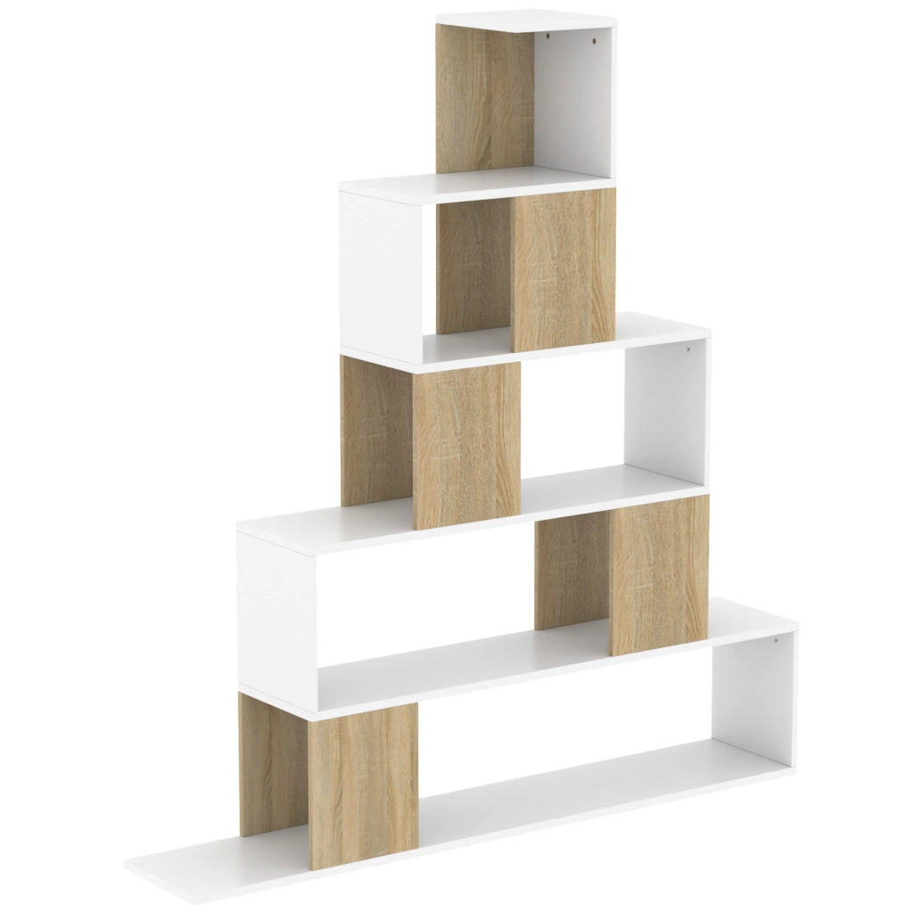 Libreria a 5 Ripiani con Design a Gradini Bianco e Naturale