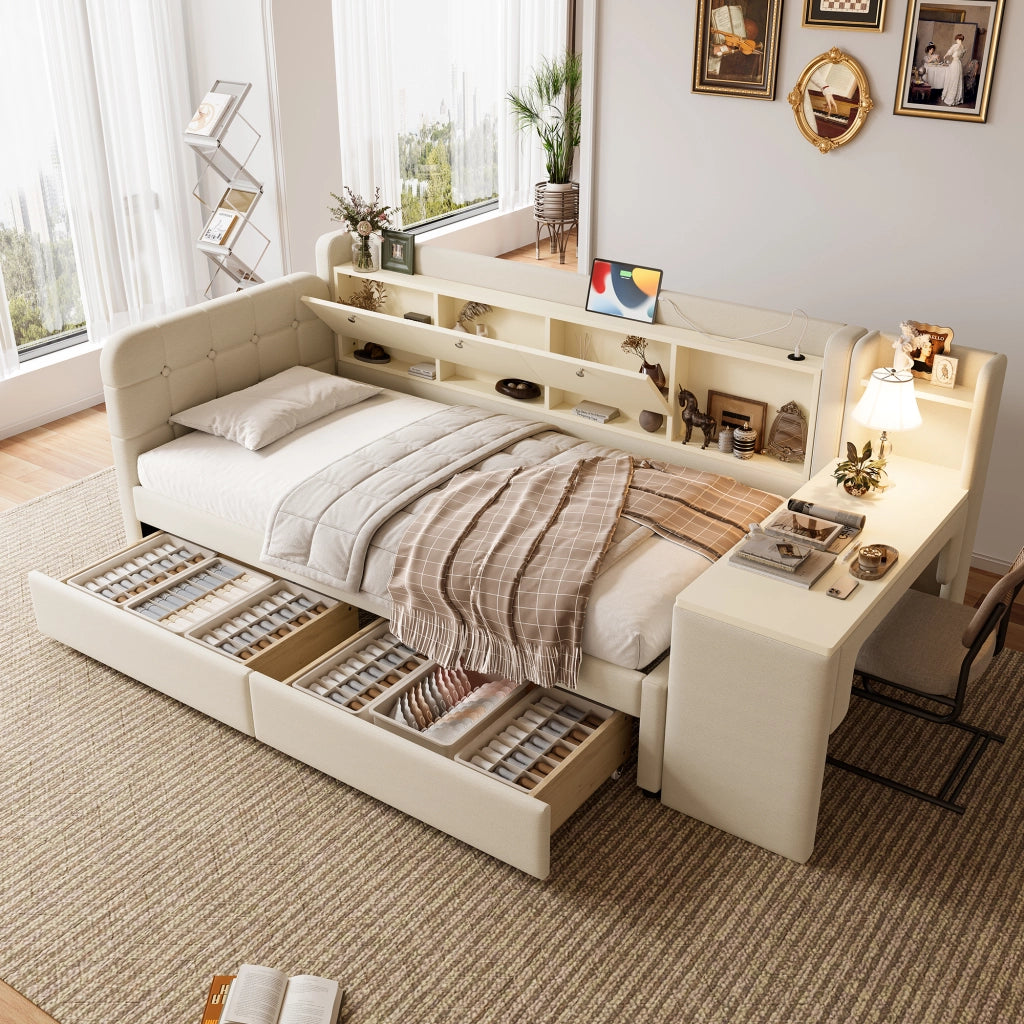 LETTO 90x200 cm in lino beige con 2 cassetti, scrivania, USB e Tipo C
