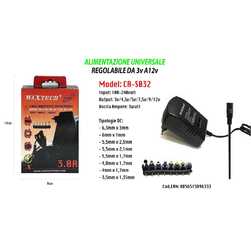 Trade Shop - Alimentatore Universale 8 Adattatori Switch 3-12v Pc Notebook Fotocamera Maxtech Ca-s032 -