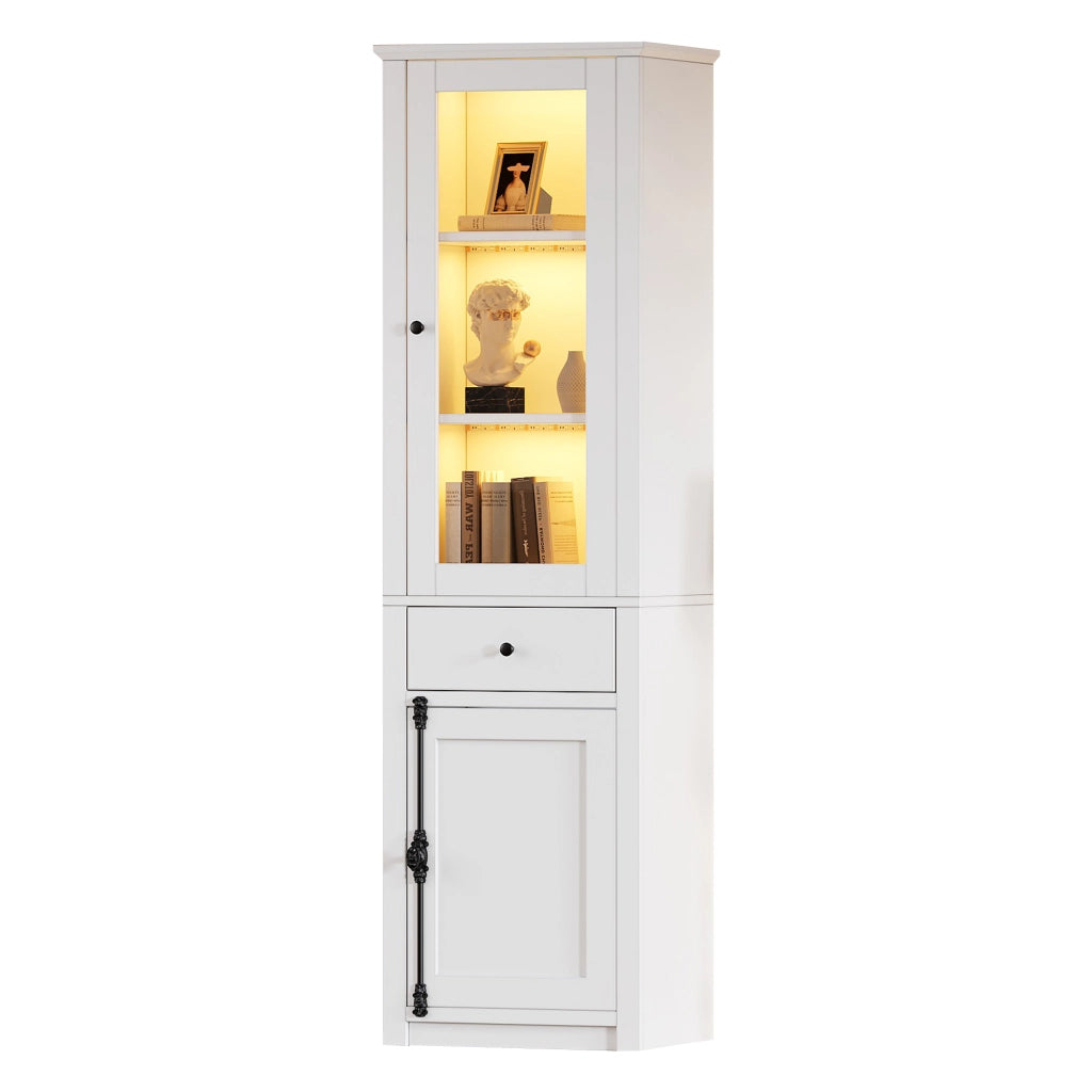 Vetrina con 2 ante; 1 cassetto e LED per soggiorno in truciolato 55x40x200 cm bianco