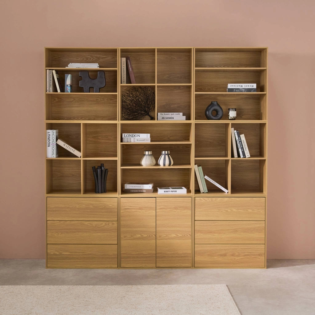 Libreria modulare decorativa in legno con 9 elementi, quercia