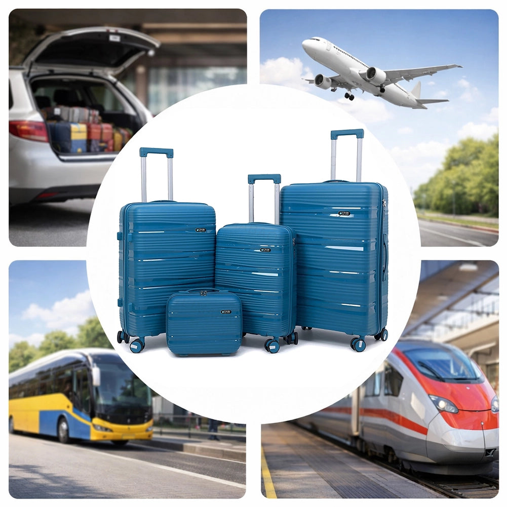 Set 4 Valigie Rigide e Beauty Case da Viaggio Blu con Maniglia Telescopica