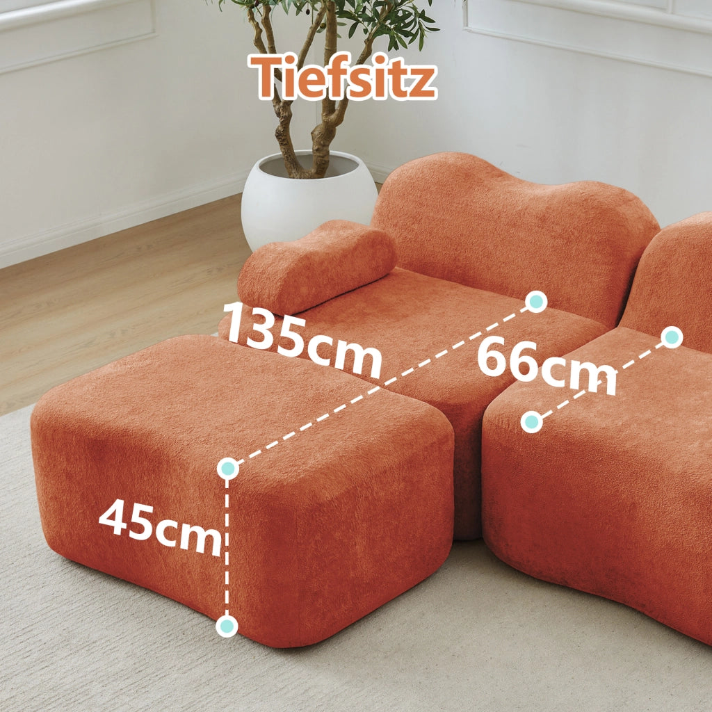 Divano angolare modulare 2 posti con pouf; forma ondulata e cuscino bracciolo mobile in velluto arancione