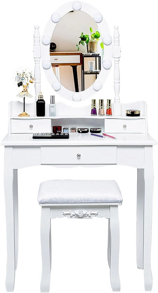 Toeletta da Trucco, Set Tavolo e Sgabello da Trucco, Specchio con 10 Luci LED, Toeletta Multifunzionale con 3 Cassetti, Specchio Rotante a 360⁰, Postazione Make-up Moderno (Bianco)
